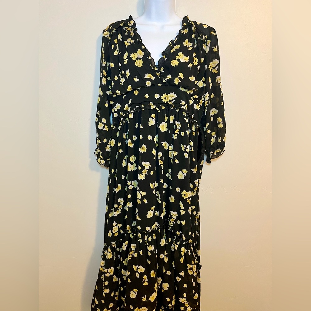 Sheer black with yellow daisy design maxi summer dress with black slip